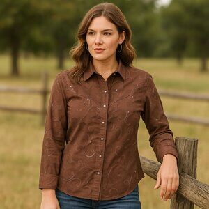 Wrangler Western Shirt Women’s Small Brown Sequin Embroidered Pearl Snap Rodeo